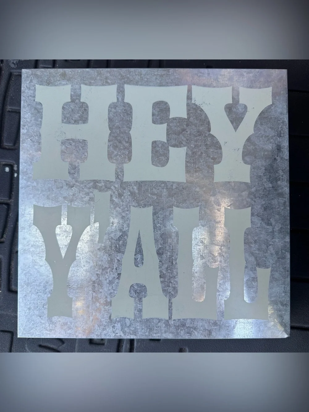 “HEY Y’ALL” Metallic Silver Stenciled Wall Art Panel - Pale Mint Lettering